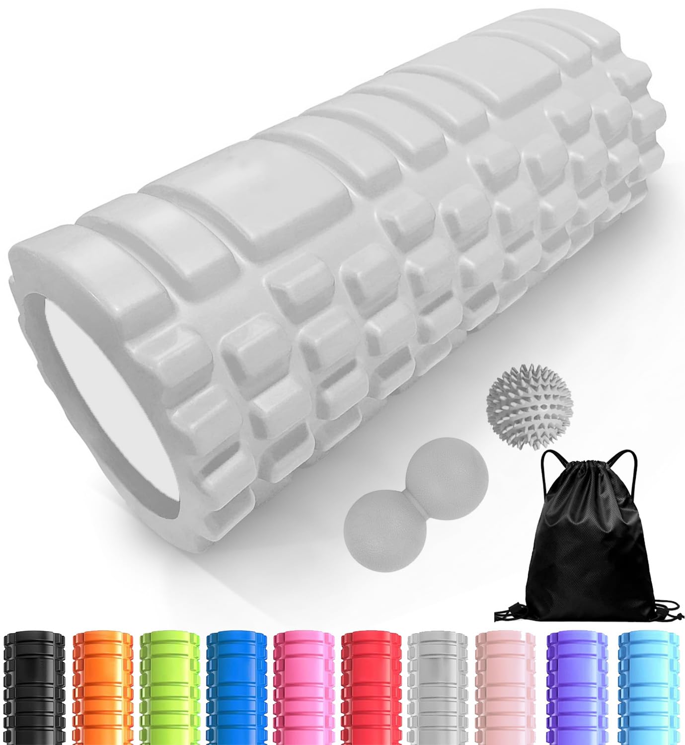 Foam Roller 4in1 Set Includes Hollow Core Massage Roller,Peanut Ball,Spiky Ball,Storage Bag,for Deep Tissue Massage, Pain Relief of Back, Legs, Exercise(OVTSPO 4 in 1) (Black)