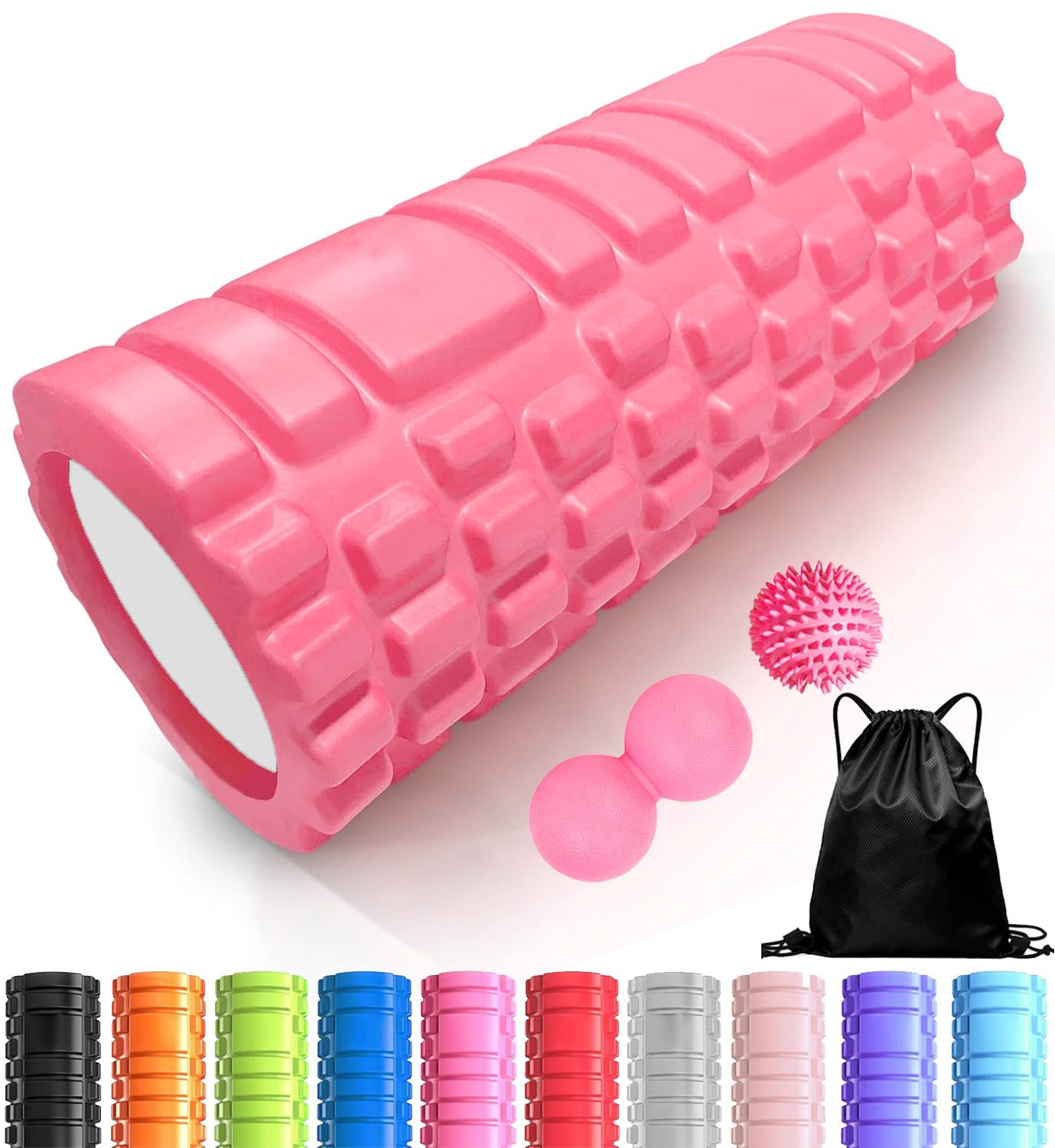 Foam Roller 4in1 Set Includes Hollow Core Massage Roller,Peanut Ball,Spiky Ball,Storage Bag,for Deep Tissue Massage, Pain Relief of Back, Legs, Exercise(OVTSPO 4 in 1) (Black)