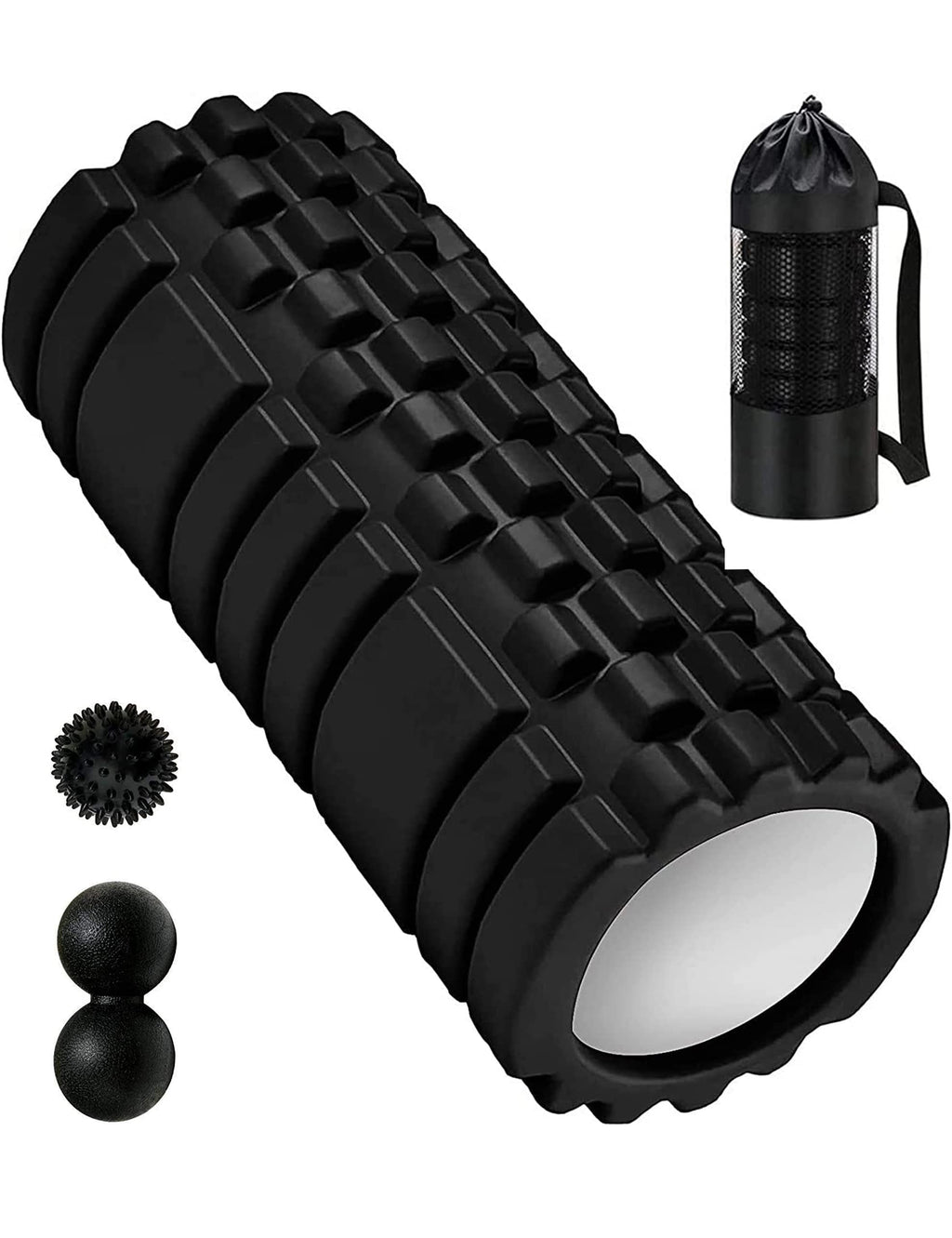 Foam Roller 4in1 Set Includes Hollow Core Massage Roller,Peanut Ball,Spiky Ball,Storage Bag,for Deep Tissue Massage, Pain Relief of Back, Legs, Exercise(OVTSPO 4 in 1) (Black)