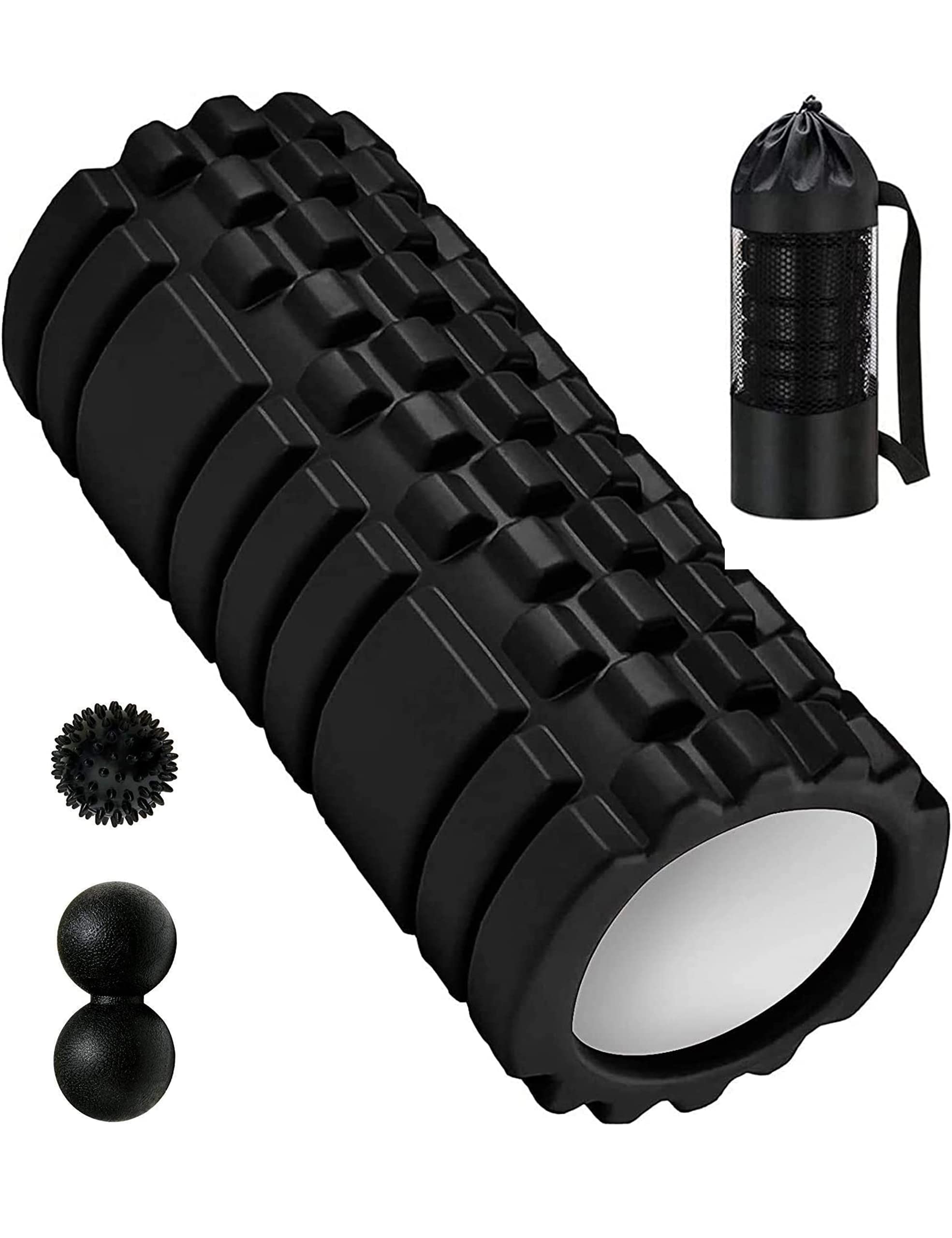 Foam Roller 4in1 Set Includes Hollow Core Massage Roller,Peanut Ball,Spiky Ball,Storage Bag,for Deep Tissue Massage, Pain Relief of Back, Legs, Exercise(OVTSPO 4 in 1) (Black)