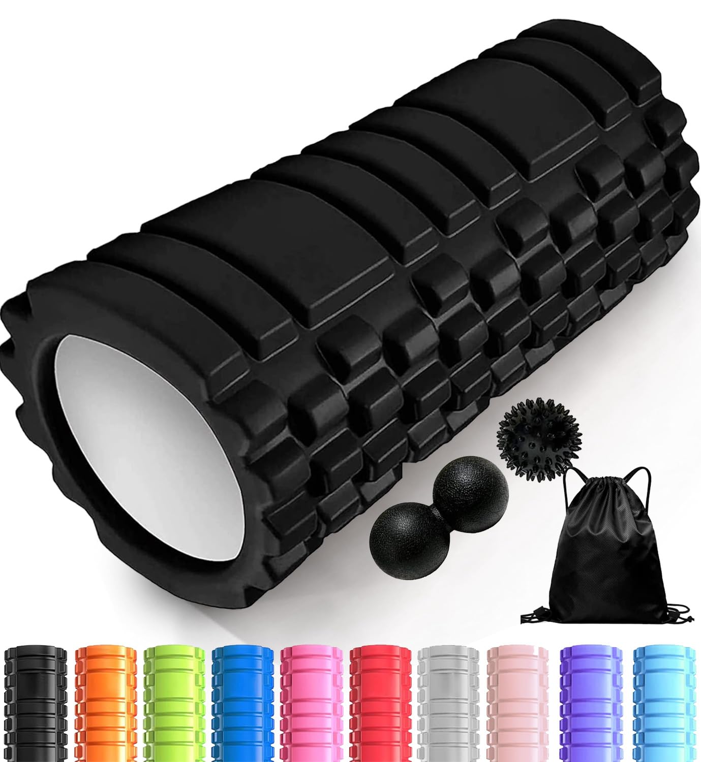 Foam Roller 4in1 Set Includes Hollow Core Massage Roller,Peanut Ball,Spiky Ball,Storage Bag,for Deep Tissue Massage, Pain Relief of Back, Legs, Exercise(OVTSPO 4 in 1) (Black)