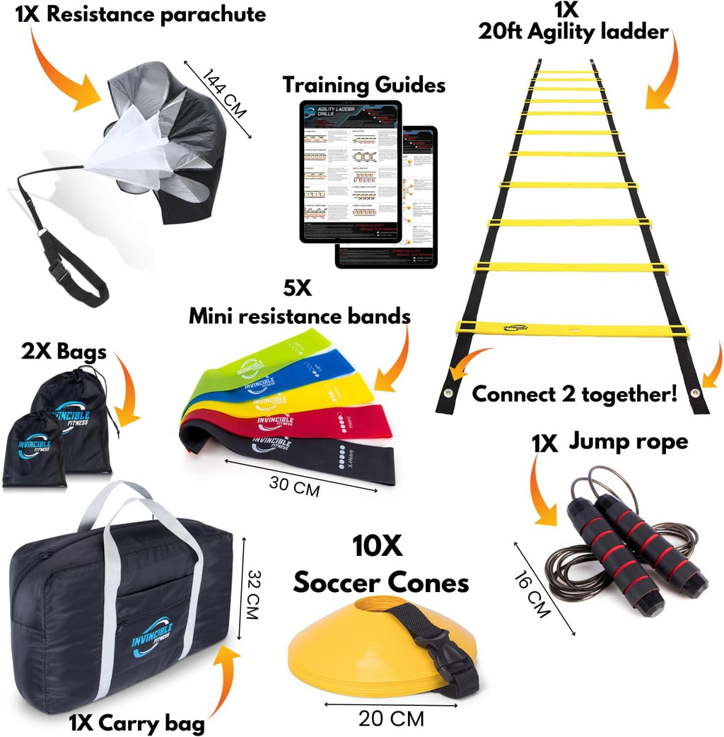 Invincible Fitness 20ft. Agility Ladder Set - Includes 10 Cones, 5 Loop Bands, Resistance Parachute, Jump Rope, & Carry Bag - Improves Power, Speed, Strength, Weight Loss & Physiotherapy