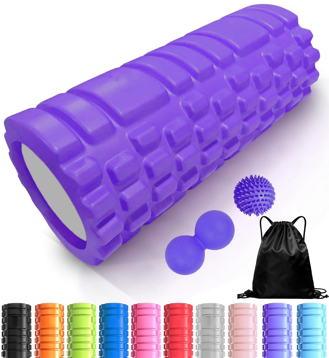 Foam Roller 4in1 Set Includes Hollow Core Massage Roller,Peanut Ball,Spiky Ball,Storage Bag,for Deep Tissue Massage, Pain Relief of Back, Legs, Exercise(OVTSPO 4 in 1) (Black)