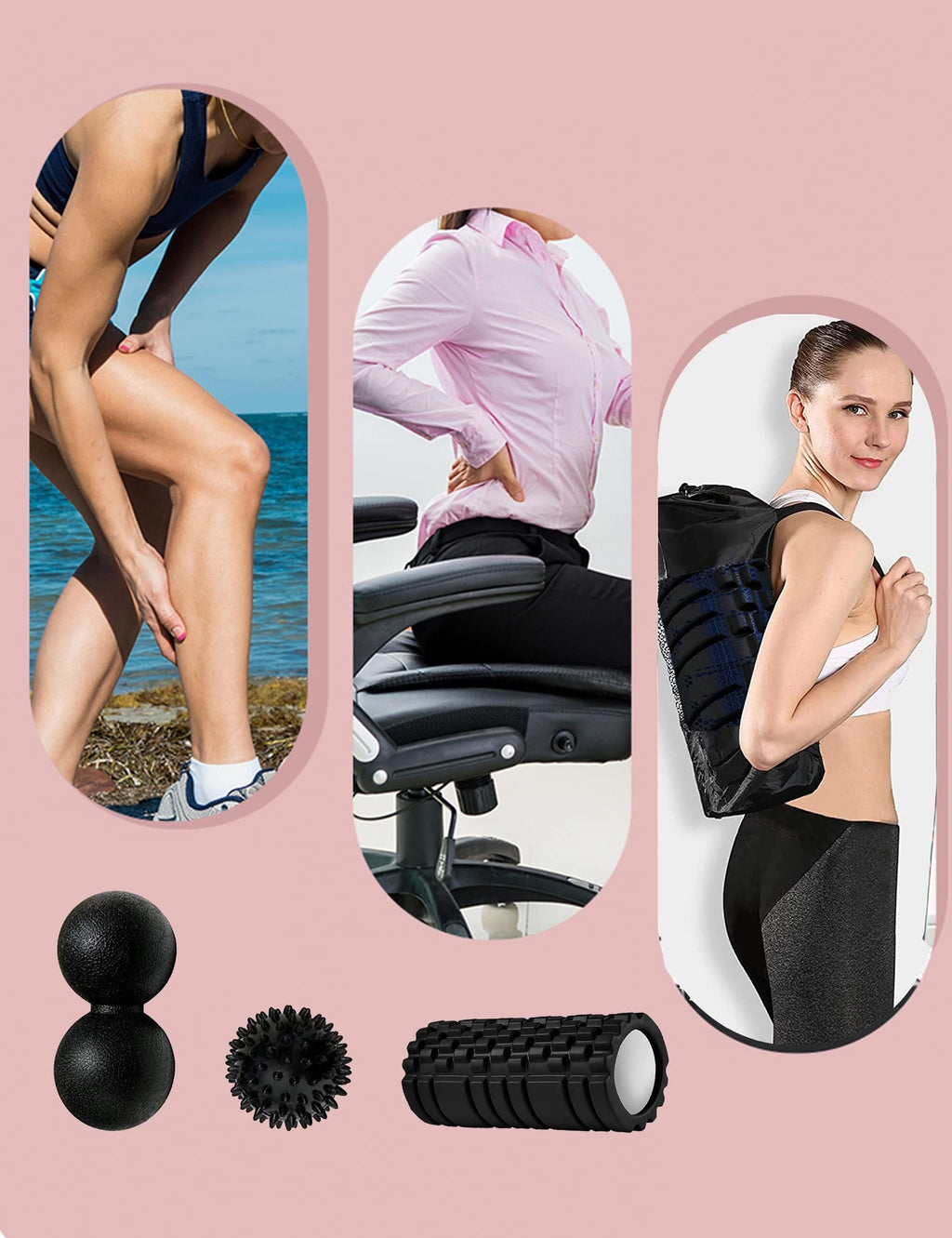 Foam Roller 4in1 Set Includes Hollow Core Massage Roller,Peanut Ball,Spiky Ball,Storage Bag,for Deep Tissue Massage, Pain Relief of Back, Legs, Exercise(OVTSPO 4 in 1) (Black)