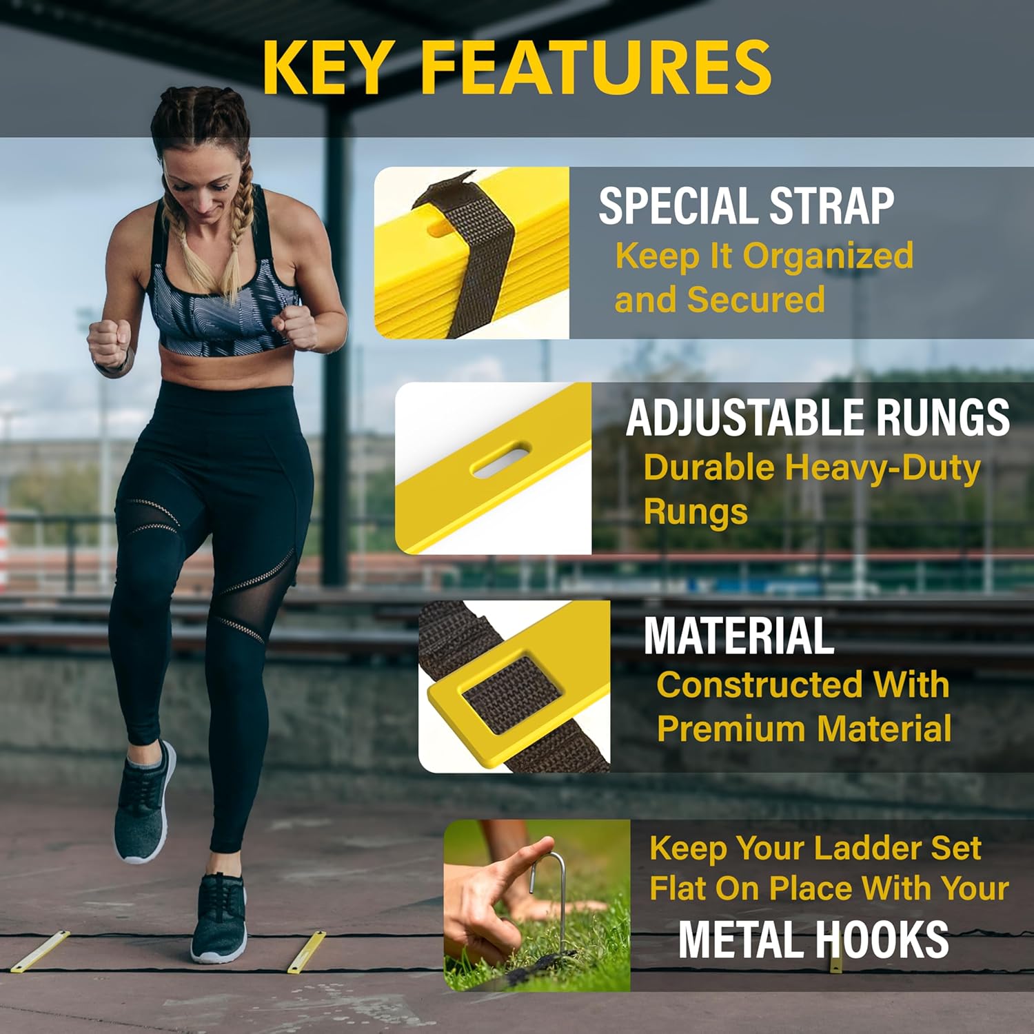 Invincible Fitness 20ft. Agility Ladder Set - Includes 10 Cones, 5 Loop Bands, Resistance Parachute, Jump Rope, & Carry Bag - Improves Power, Speed, Strength, Weight Loss & Physiotherapy