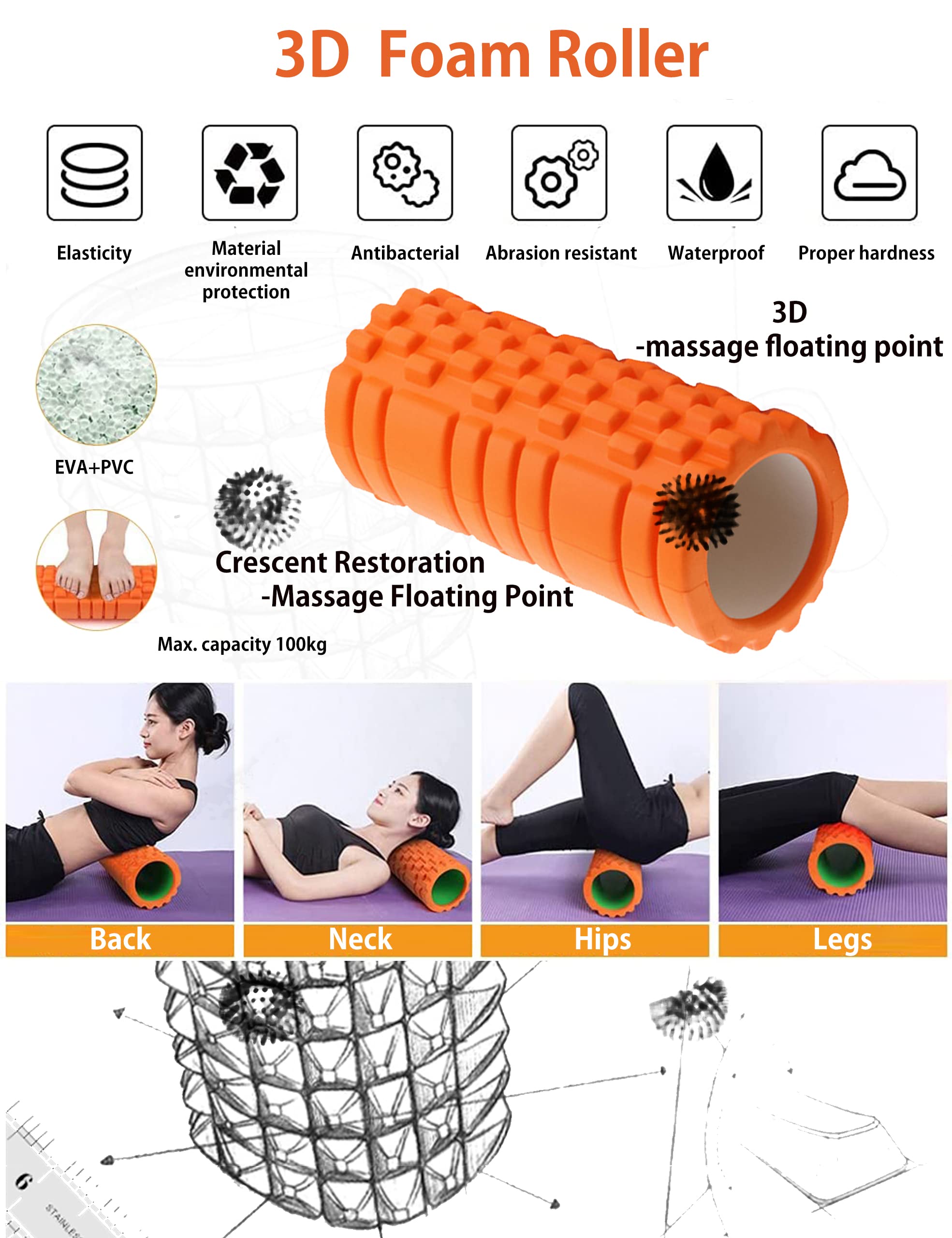 Foam Roller 4in1 Set Includes Hollow Core Massage Roller,Peanut Ball,Spiky Ball,Storage Bag,for Deep Tissue Massage, Pain Relief of Back, Legs, Exercise(OVTSPO 4 in 1) (Black)