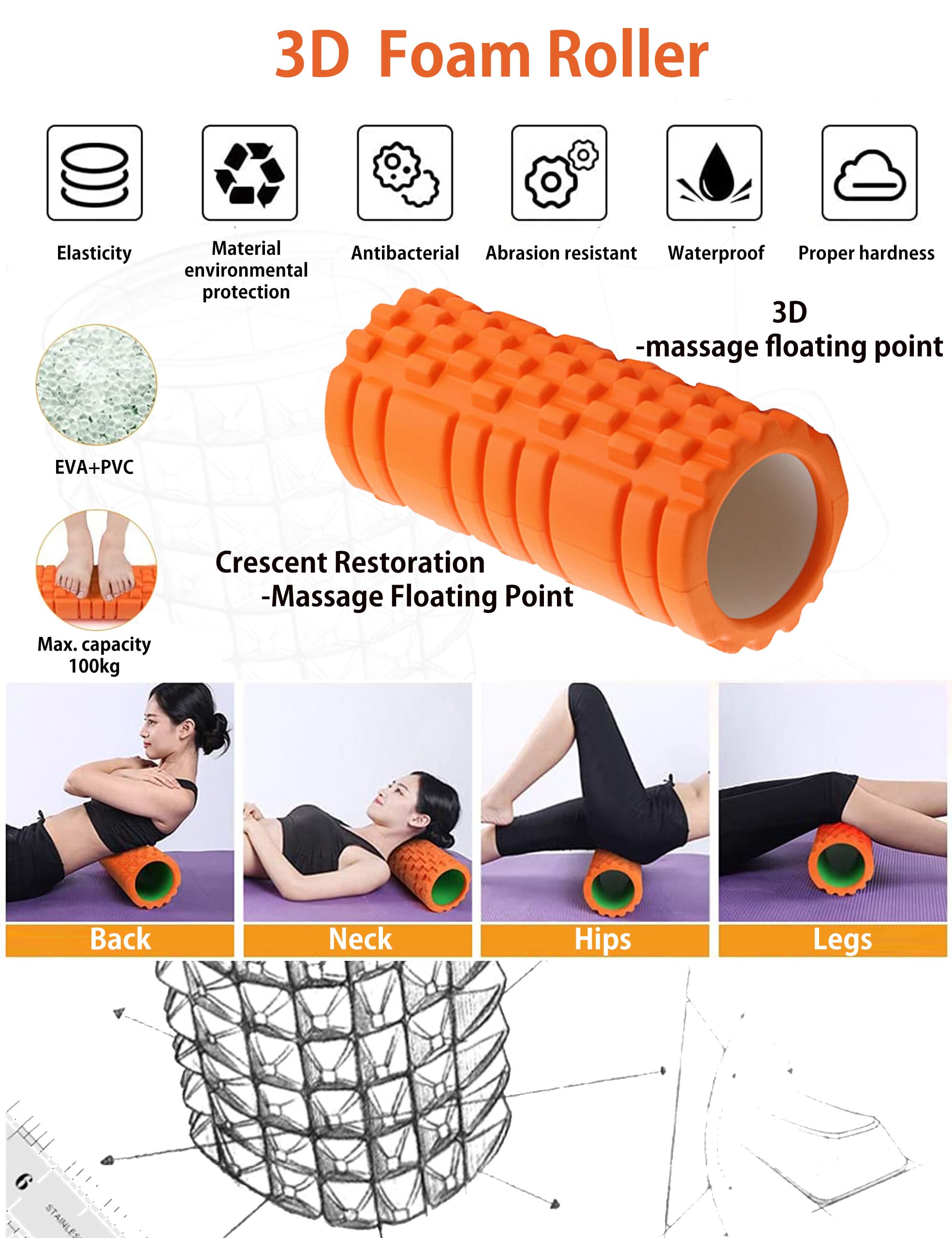 Foam Roller 4in1 Set Includes Hollow Core Massage Roller,Peanut Ball,Spiky Ball,Storage Bag,for Deep Tissue Massage, Pain Relief of Back, Legs, Exercise(OVTSPO 4 in 1) (Black)